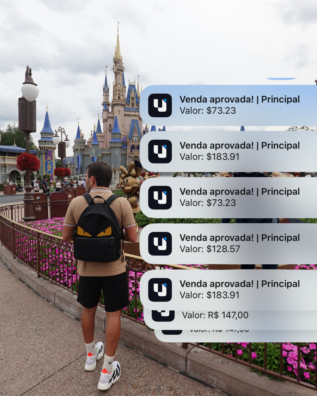 Persona en Disney con notificaciones de ventas